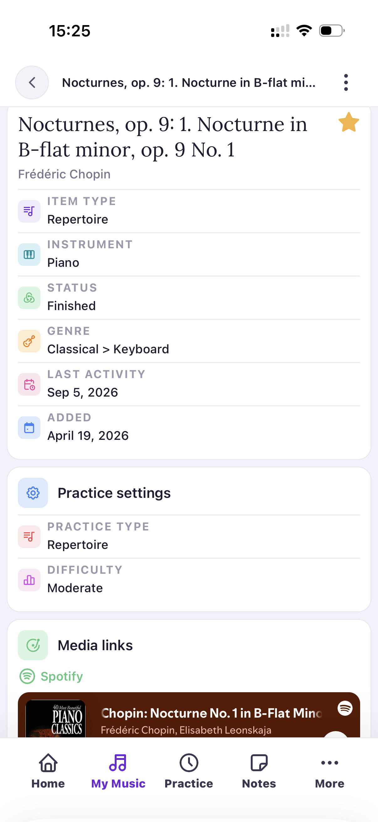 Cadenso repertoire detail with musical information and practice settings