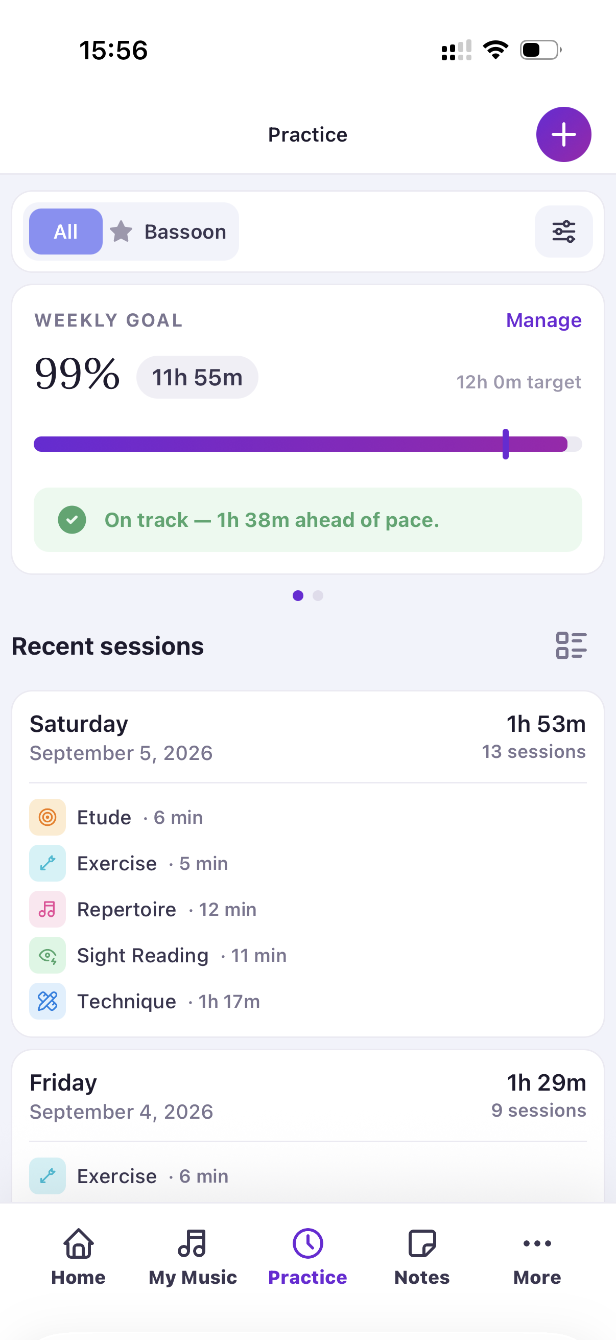 Cadenso Practice screen with a weekly goal and recent sessions